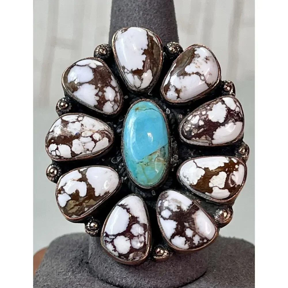 Southwestern Mojave Turquoise Wild Horse Copper Cluster Statement Ring Adjust Sz